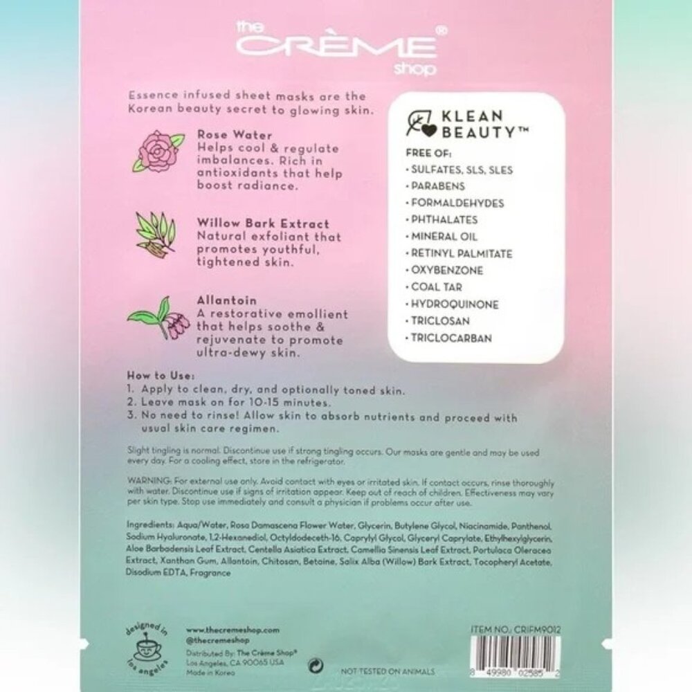 The Crème Shop Rose Water Klean Beauty Essence Sheet Mask NIB - Picture 2 of 2